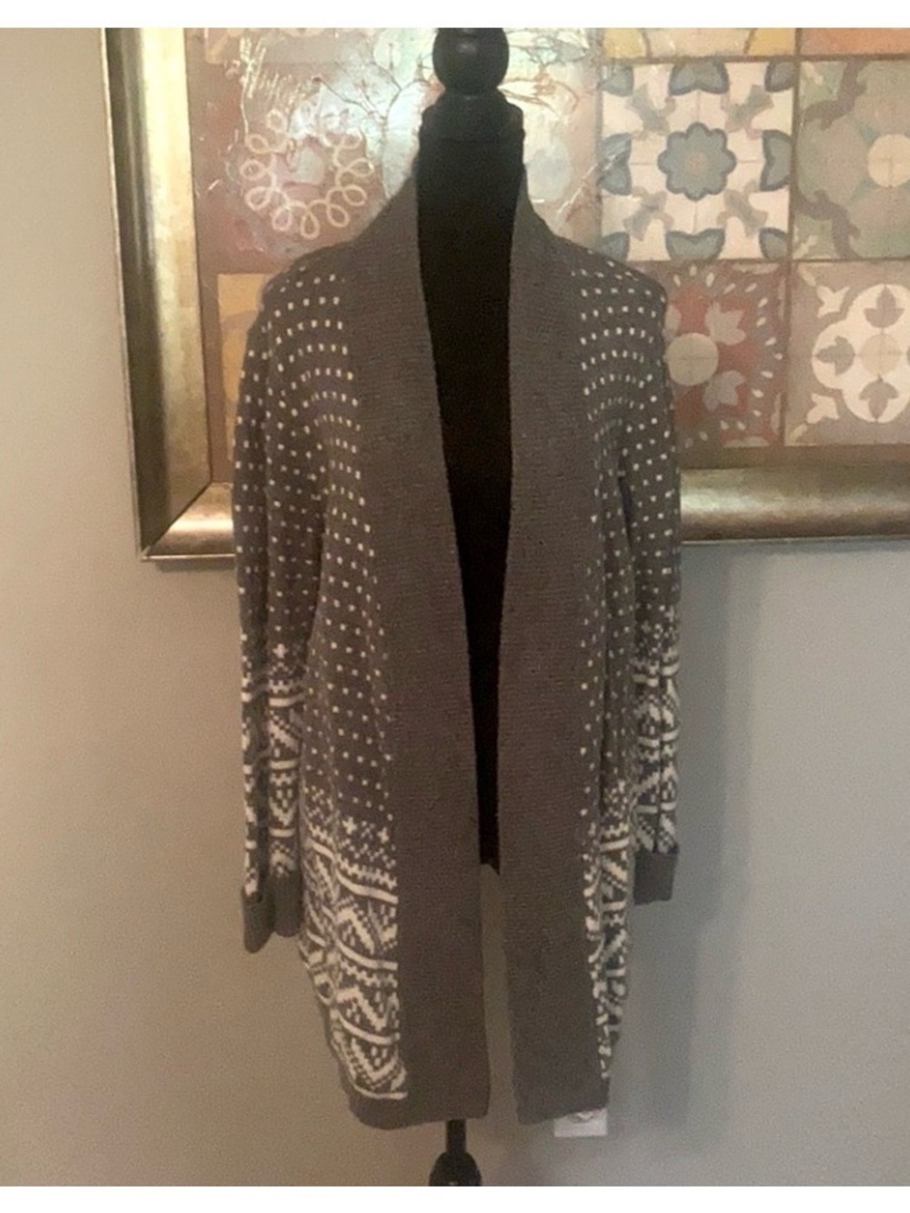 LOFT Gray and White Open-Front Patterned Cardigan Sweater